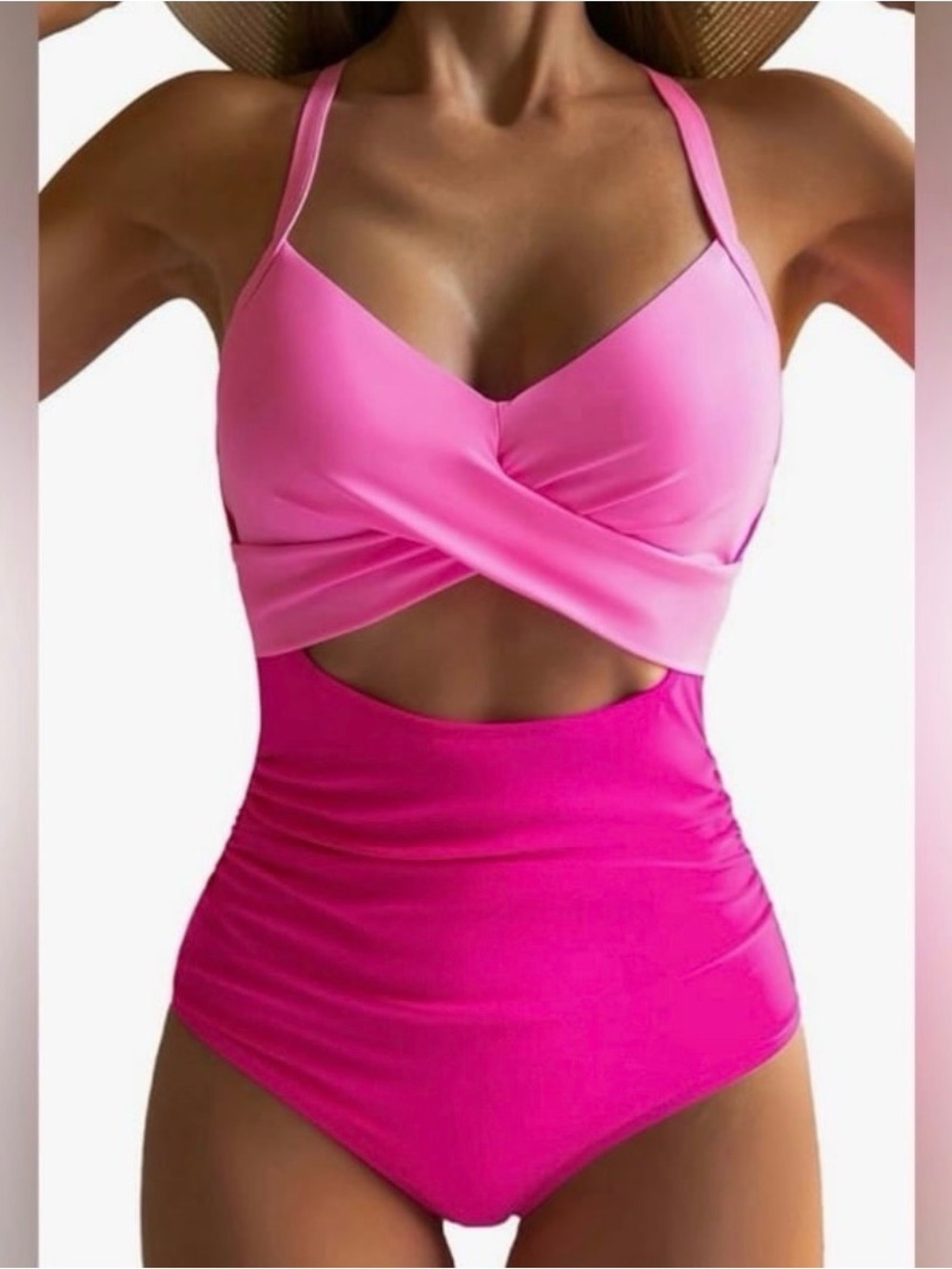 Bright Pink Two-Tone Cutout One-Piece Swimsuit